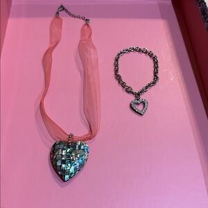 Abalone Heart Necklace and Silver heart Bracelet Set